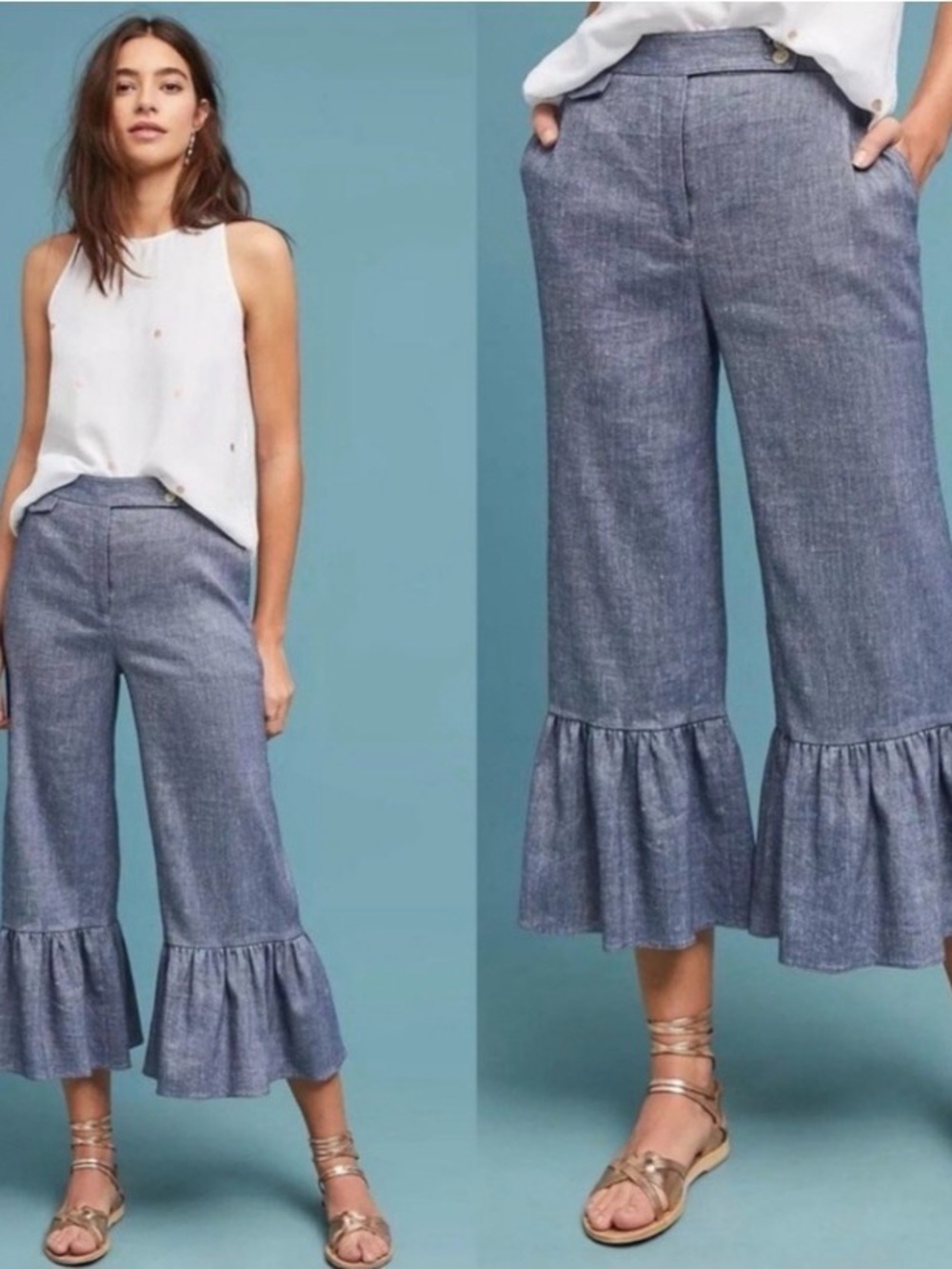 Anthropologie Blue Chambray Ruffle-Hem Cropped Pants